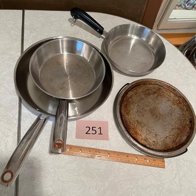 Two copper bottomed skillets + more