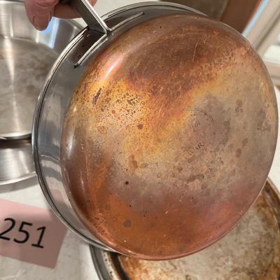 Two copper bottomed skillets + more