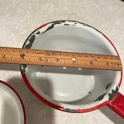 Set of 2 Red rimmed enamel sauce pots