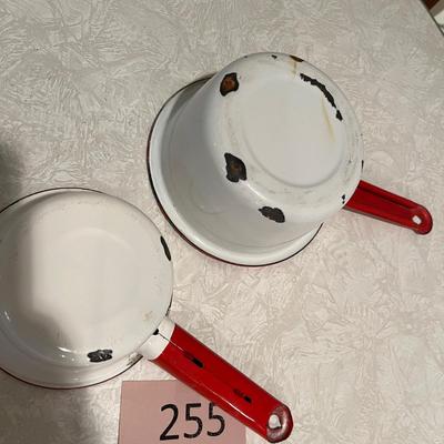 Set of 2 Red rimmed enamel sauce pots
