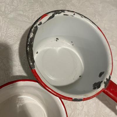 Set of 2 Red rimmed enamel sauce pots