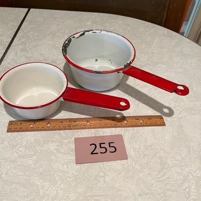 Set of 2 Red rimmed enamel sauce pots
