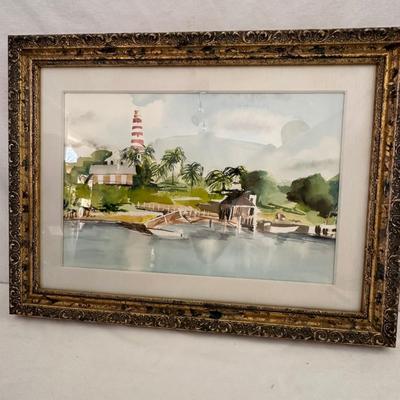 Framed Lighthouse Watercolor by C. Chaplin (M-DW)