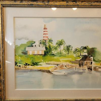Framed Lighthouse Watercolor by C. Chaplin (M-DW)