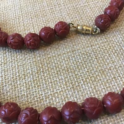 Vintage Red Carved Faux  Coral Round  Beaded Necklace