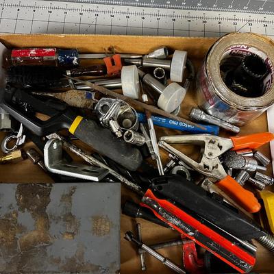  Tray full of Misc. Garage Tools; Drill bits, Screw drivers, Boring bits and Sockets. 