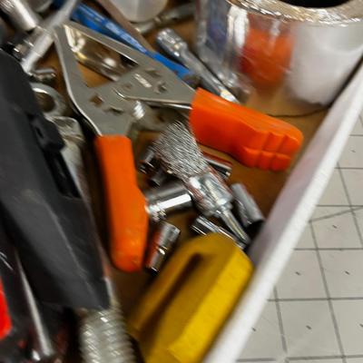  Tray full of Misc. Garage Tools; Drill bits, Screw drivers, Boring bits and Sockets. 