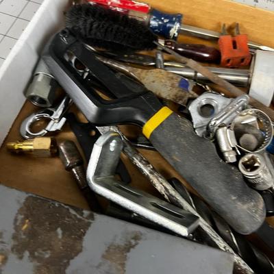  Tray full of Misc. Garage Tools; Drill bits, Screw drivers, Boring bits and Sockets. 