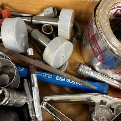  Tray full of Misc. Garage Tools; Drill bits, Screw drivers, Boring bits and Sockets. 