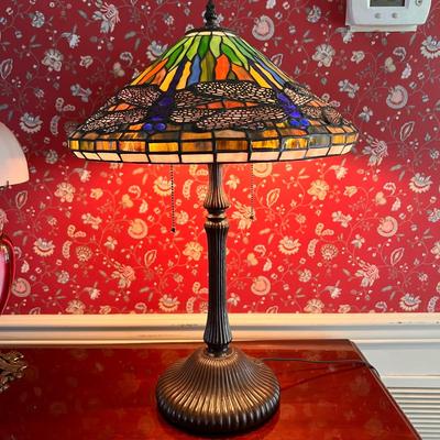 Vintage Tiffany Style Dragonfly Table Lamp Stained Glass