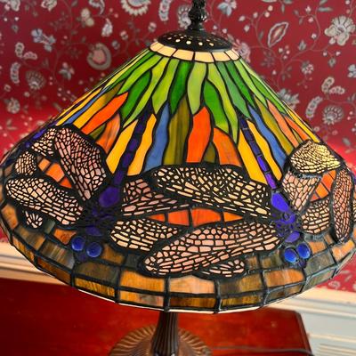 Vintage Tiffany Style Dragonfly Table Lamp Stained Glass