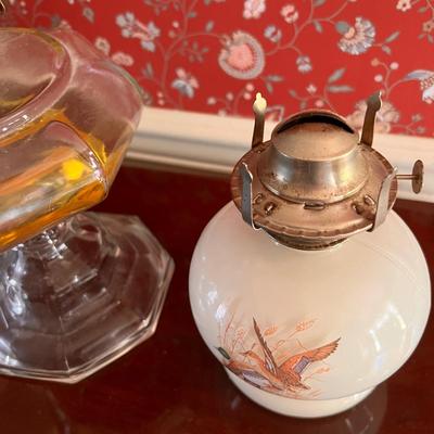 2 Vintage Glass Oil Hurricane Lamps