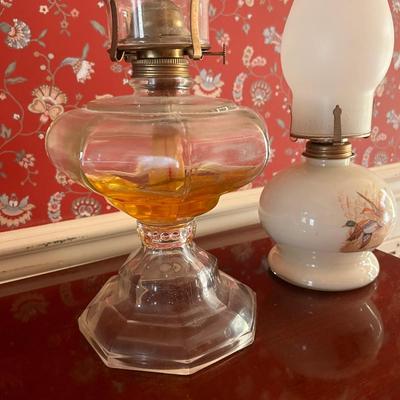 2 Vintage Glass Oil Hurricane Lamps