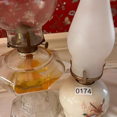 2 Vintage Glass Oil Hurricane Lamps
