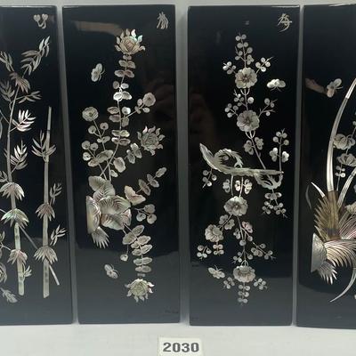 Vintage 4 Black Lacquer and Mother Of Pearls Wall Panels