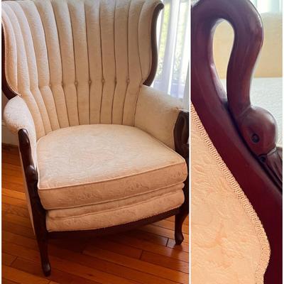 Antique Ivory Channel Back Chair Carved Swan Armrests