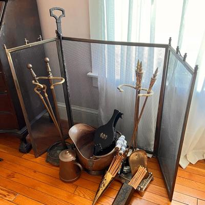 Antique Vntg. Brass Copper Fireplace Tools Accessories Lot