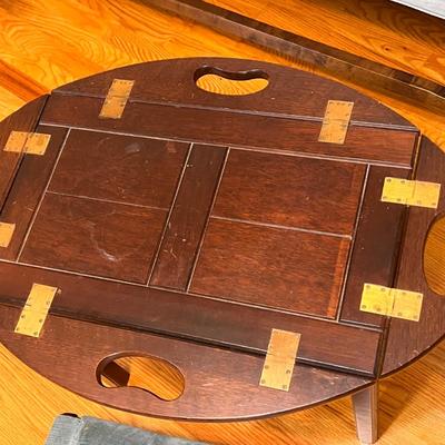 Vintage Wood & Brass Butlers Table & Footstool