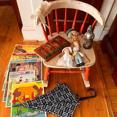 Antique Vintage Kids Lot - Toys, Dolls, Rocking Chair, Paint Set