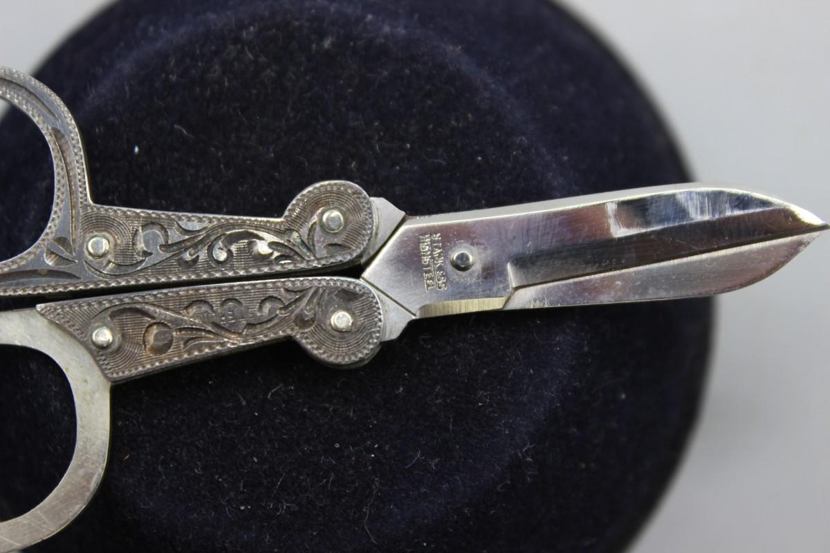 Vintage Small Japanese Folding Sewing Scissors Stainless High Steel Blades  Sterling Silver Handles