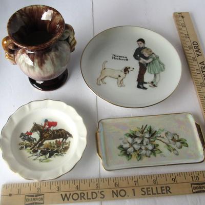 Lot 387: Misc Decorative Lot, English Dish, Rockwell Dish, Pottery Vase