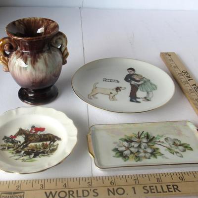 Lot 387: Misc Decorative Lot, English Dish, Rockwell Dish, Pottery Vase