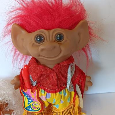 Vintage Uneeda Wishnik Collectible large red-haired troll with Guitar and White curly haired troll doll