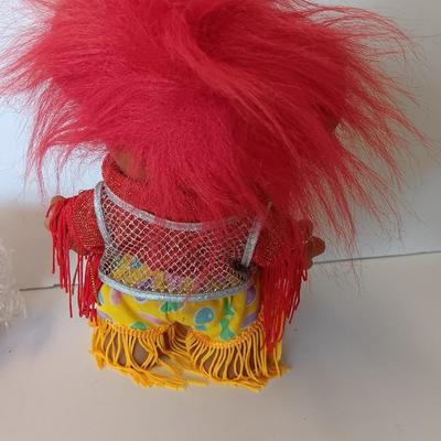 Vintage Uneeda Wishnik Collectible large red-haired troll with Guitar and White curly haired troll doll