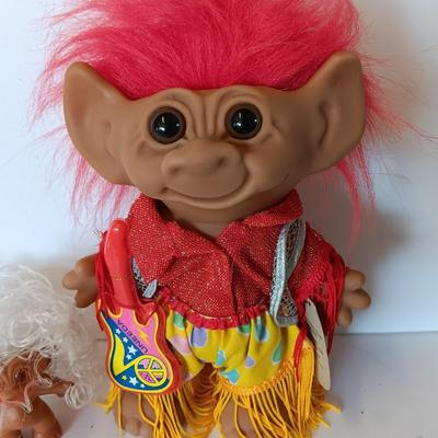 Vintage Uneeda Wishnik Collectible large red-haired troll with Guitar and White curly haired troll doll