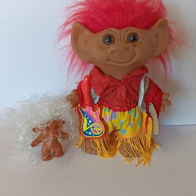 Vintage Uneeda Wishnik Collectible large red-haired troll with Guitar and White curly haired troll doll