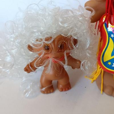Vintage Uneeda Wishnik Collectible large red-haired troll with Guitar and White curly haired troll doll