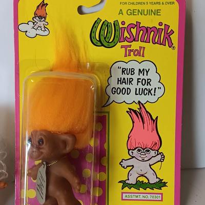 New in package Vintage Genuine Wishnik troll Rub my hair for good luck with white curly hair troll