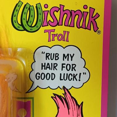 New in package Vintage Genuine Wishnik troll Rub my hair for good luck with white curly hair troll