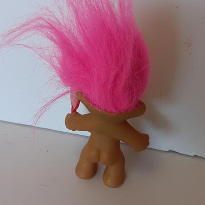 He loves her buns!  Pink haired troll dolls - Boy with I love your buns sign and girl in dress