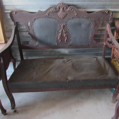 Lot 420: Antique Fancy Carved 3 Piece Wood Set, Settee and 2 Chairs, Matching, For Refinishing