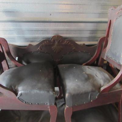 Lot 420: Antique Fancy Carved 3 Piece Wood Set, Settee and 2 Chairs, Matching, For Refinishing