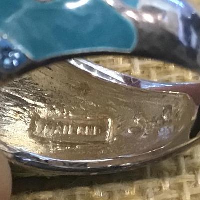 925 Sterling David Sigal Turquoise Enamel Crystal Vine Floral Sterling Silver Ring