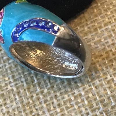 925 Sterling David Sigal Turquoise Enamel Crystal Vine Floral Sterling Silver Ring