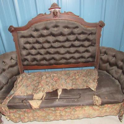 Lot 422: Antique Settee With Woman's Head Carved Into Backrest, For Refinishing