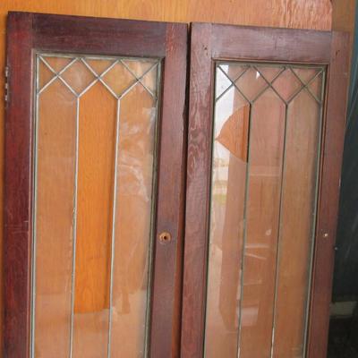 Lot 425:  Pair Vintage Lead Glass Cabinet Doors, Broken Panes of Glass