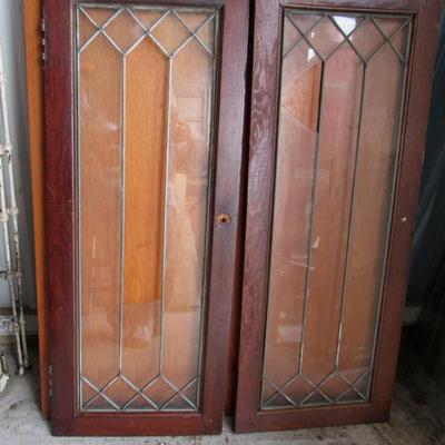 Lot 425:  Pair Vintage Lead Glass Cabinet Doors, Broken Panes of Glass