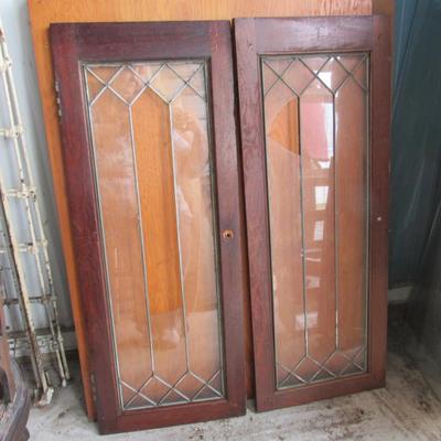 Lot 425:  Pair Vintage Lead Glass Cabinet Doors, Broken Panes of Glass