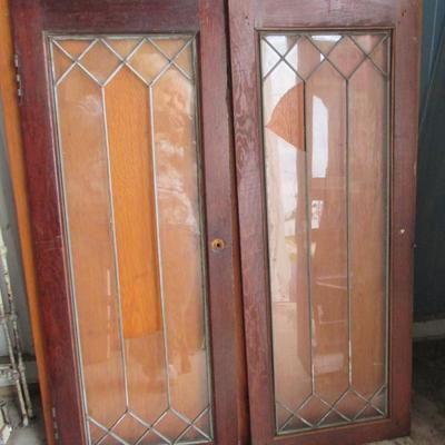 Lot 425:  Pair Vintage Lead Glass Cabinet Doors, Broken Panes of Glass