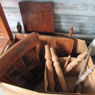 Lot 435:  Box of Old Wood Parts For Repair or Repurpose