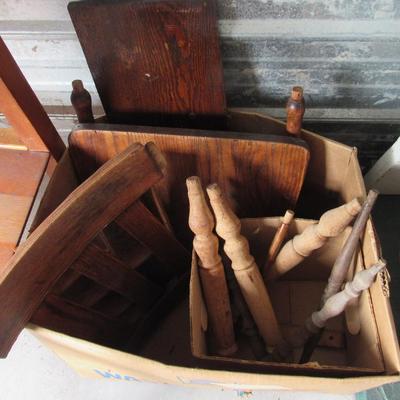 Lot 435:  Box of Old Wood Parts For Repair or Repurpose