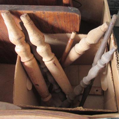 Lot 435:  Box of Old Wood Parts For Repair or Repurpose