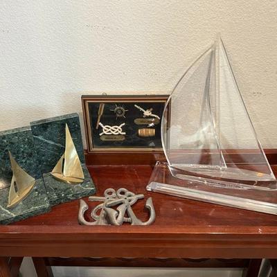 Lot 44 - sailboat bookends, anchor hooks, acrylic/lucite signed sailboat 