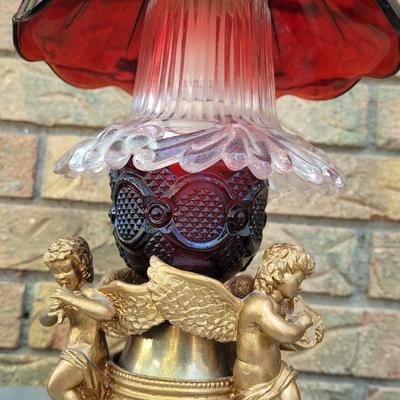 #76: Red & Clear Glass Avon Lamp with Angels
