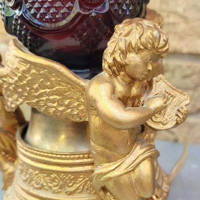 #76: Red & Clear Glass Avon Lamp with Angels