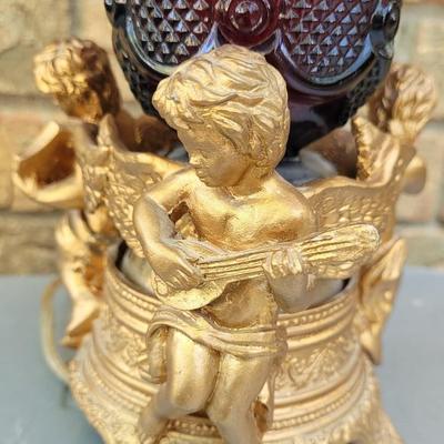 #76: Red & Clear Glass Avon Lamp with Angels